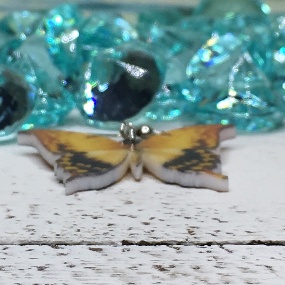 Yellow Spotted Acrylic Butterfly Earrings - Picture 2 of 5